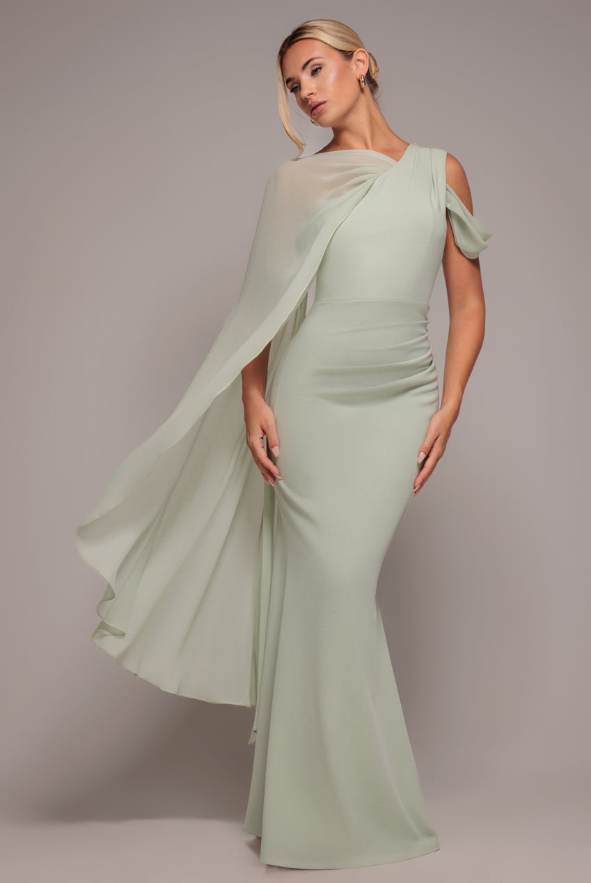Goddiva One Shoulder Chiffon Cape Crepe Maxi Dress - Sage Green