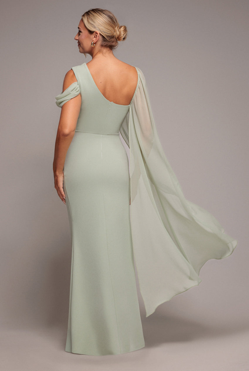 Goddiva One Shoulder Chiffon Cape Crepe Maxi Dress - Sage Green