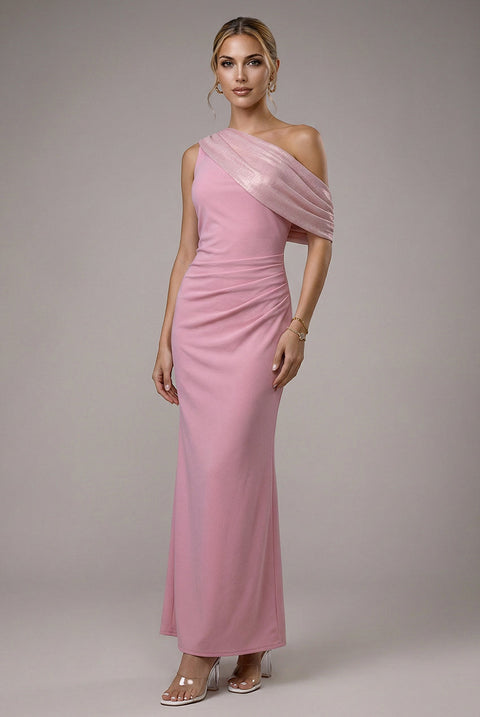 Goddiva Lurex Pleated Bardot One Shoulder Cape Maxi Dress - Blush Pink