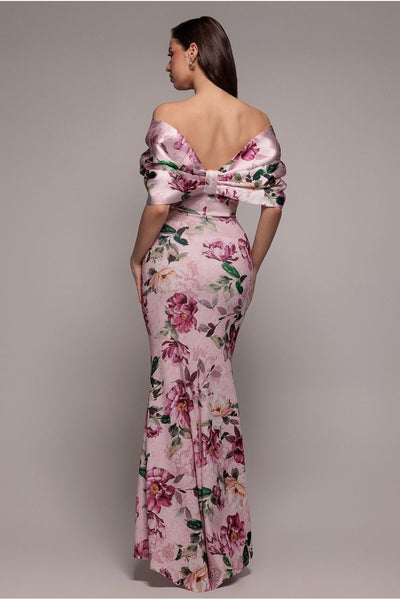 Blush - Goddiva Off Shoulder Floral Bow Back Maxi Dress - Blush Pink