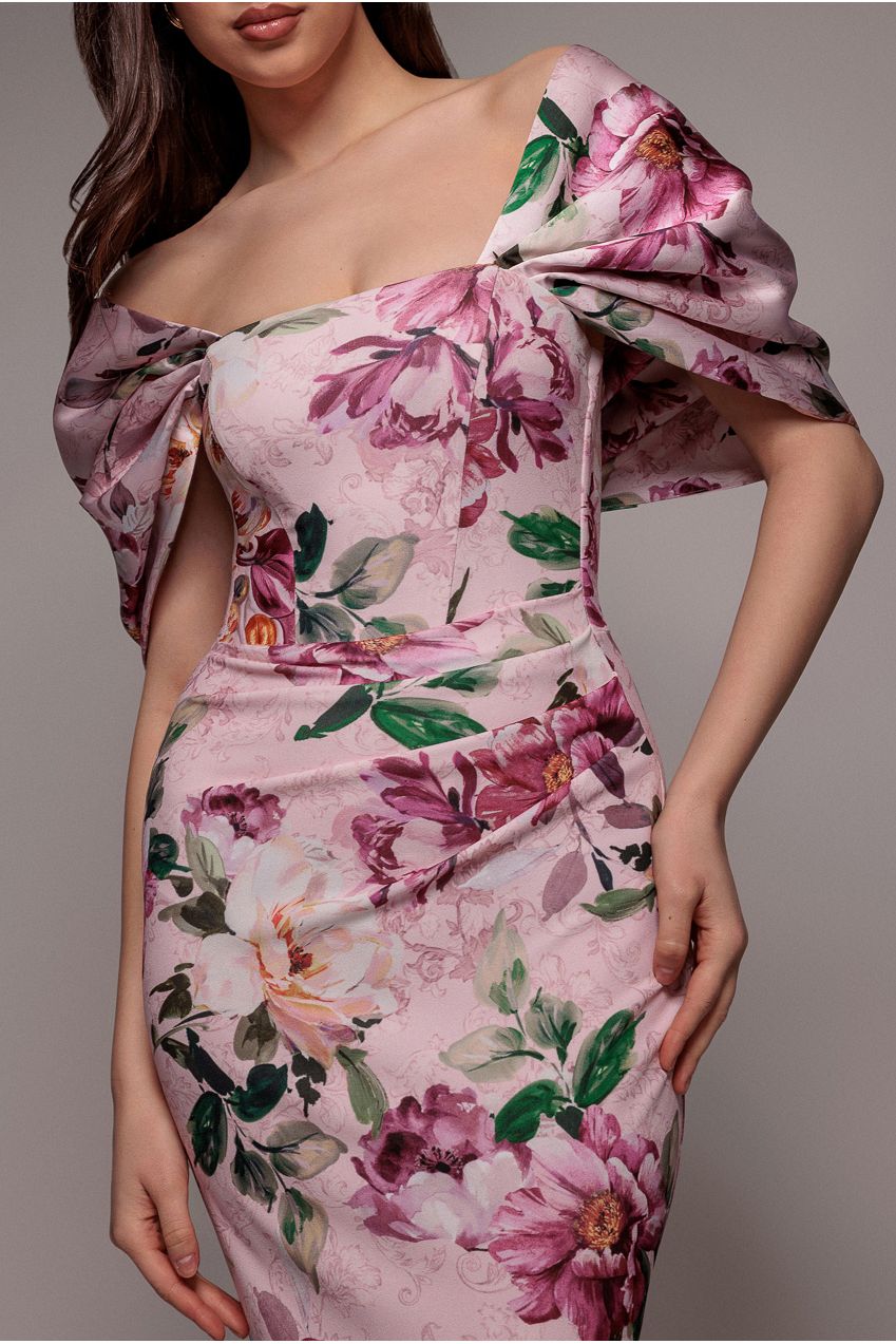 Goddiva Off Shoulder Floral Bow Back Maxi Dress - Blush Pink