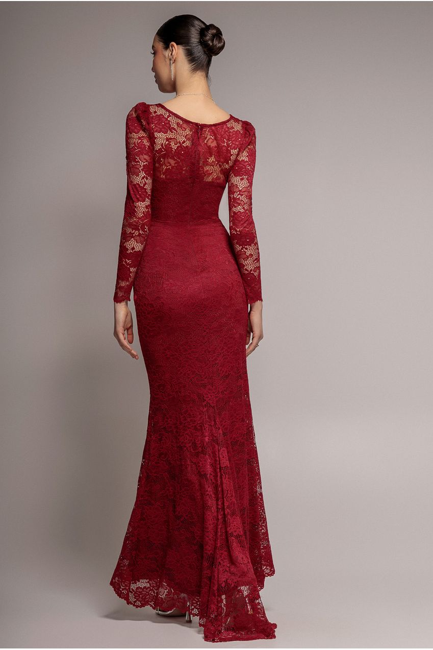 Goddiva Fit & Flare Scallop Lace V Neck Maxi Dress - Burgundy