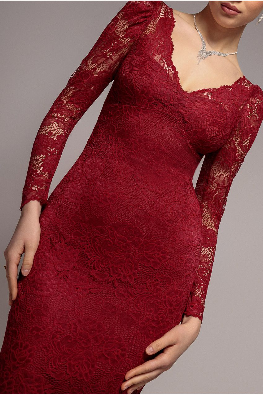 Goddiva Fit & Flare Scallop Lace V Neck Maxi Dress - Burgundy