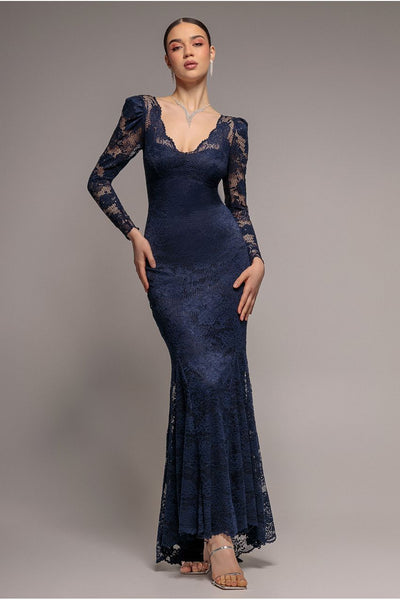 Navy - Goddiva Fit & Flare Scallop Lace V Neck Maxi Dress - Navy Blue
