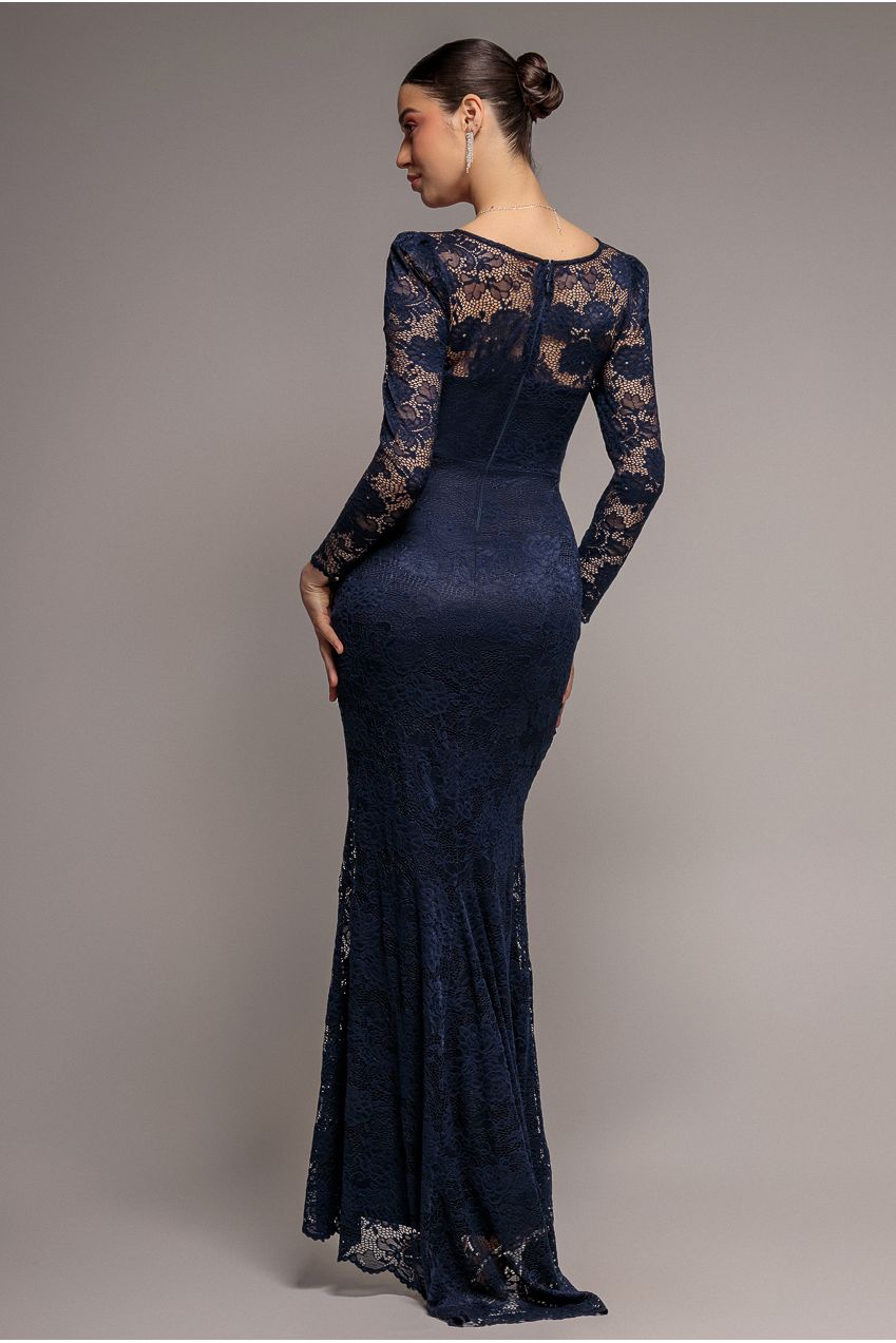 Goddiva Fit & Flare Scallop Lace V Neck Maxi Dress - Navy Blue