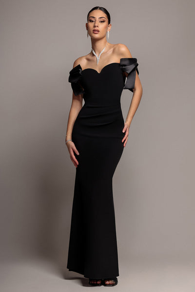 Black - Goddiva Satin Bow Bardot Sheath Maxi Dress - Black