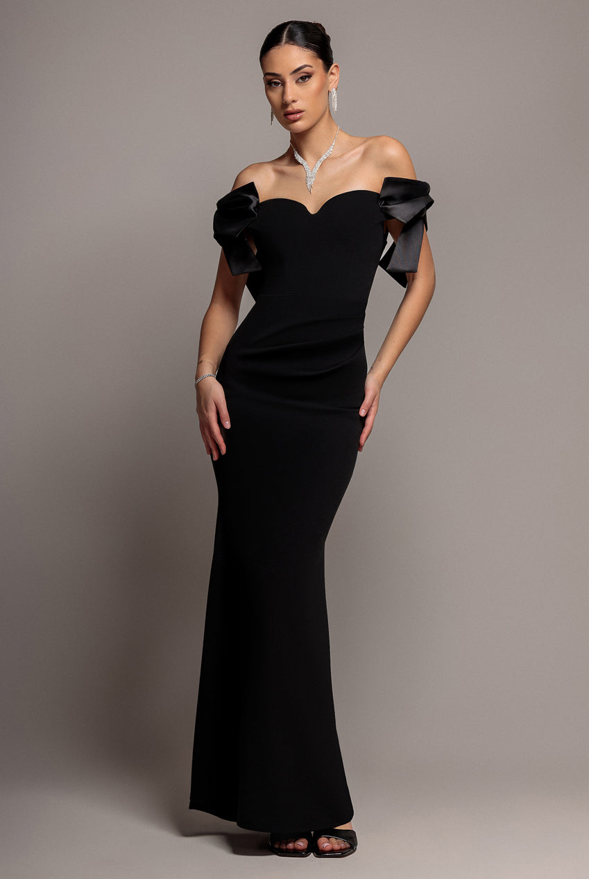 Goddiva Satin Bow Bardot Sheath Maxi Dress - Black