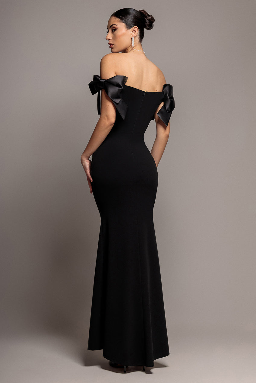 Goddiva Satin Bow Bardot Sheath Maxi Dress - Black