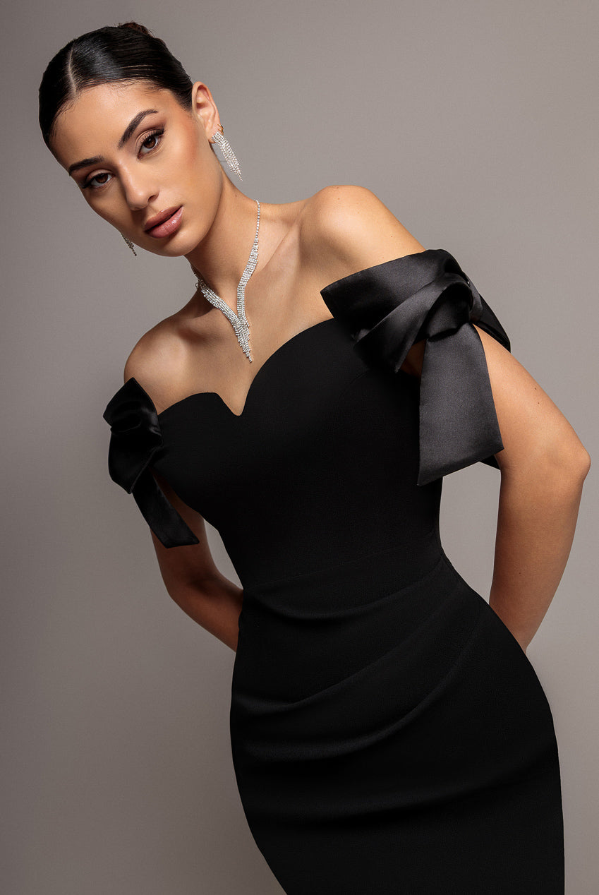 Goddiva Satin Bow Bardot Sheath Maxi Dress - Black