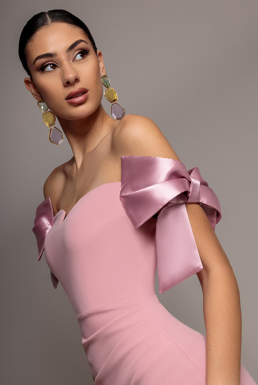 Goddiva Satin Bow Bardot Sheath Maxi Dress - Blush Pink