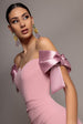 Goddiva Satin Bow Bardot Sheath Maxi Dress - Blush Pink
