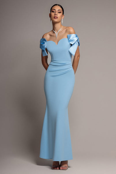 Goddiva Satin Bow Bardot Sheath Maxi Dress