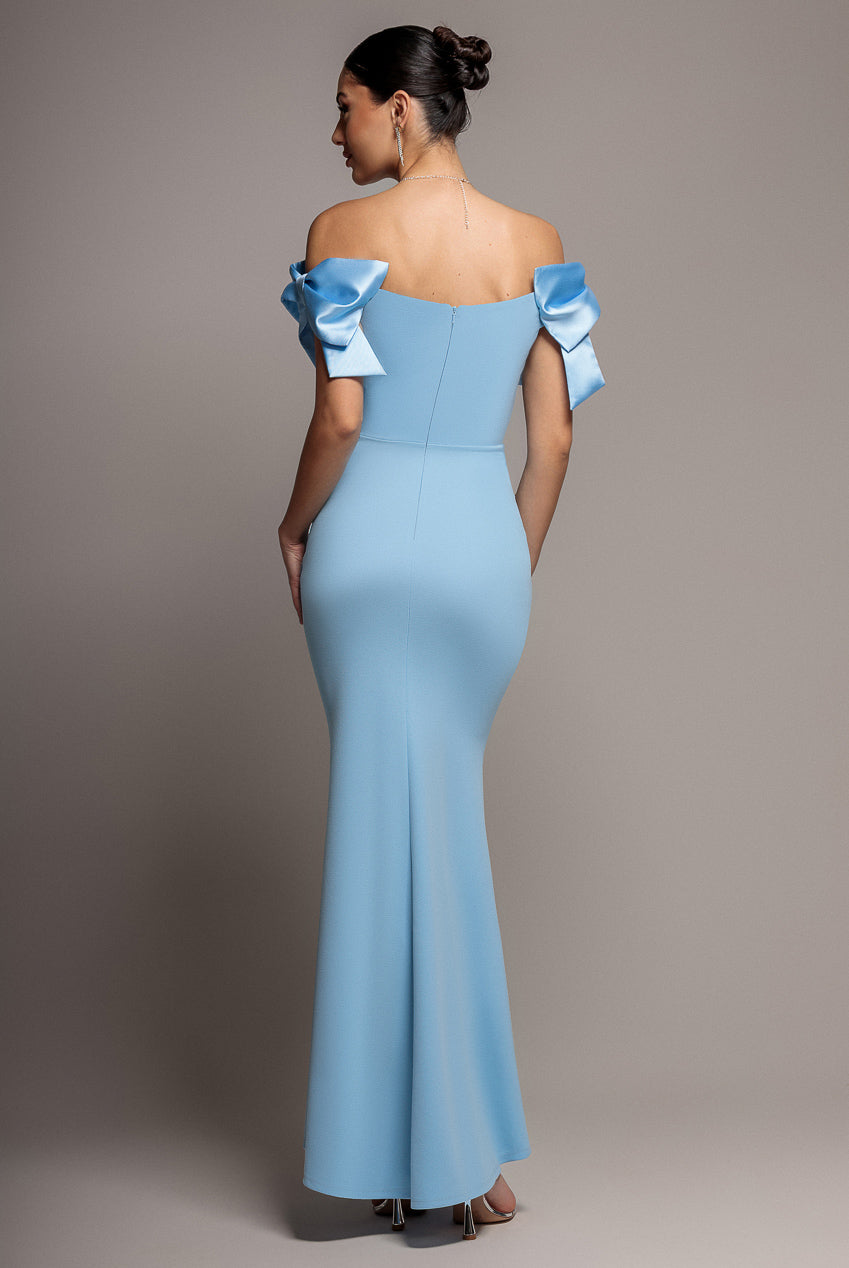 Goddiva Satin Bow Bardot Sheath Maxi Dress - Ice Blue