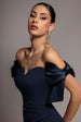 Goddiva Satin Bow Bardot Sheath Maxi Dress - Navy Blue