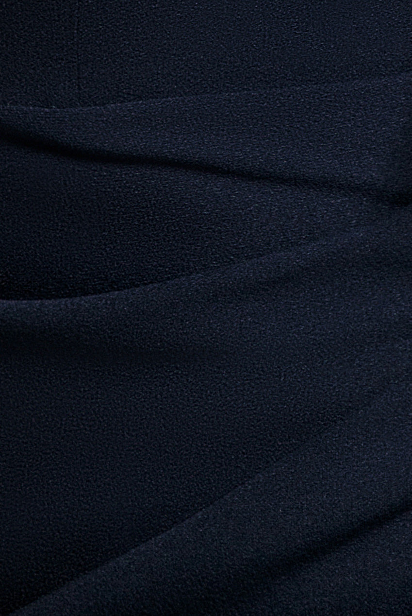 Goddiva Satin Bow Bardot Sheath Maxi Dress - Navy Blue