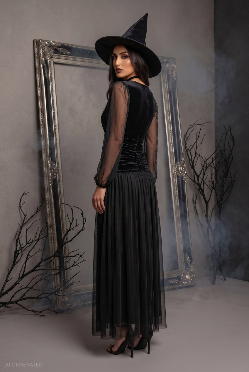 Goddiva Long Sleeve Maxi Classic Witch Halloween Costume - Black