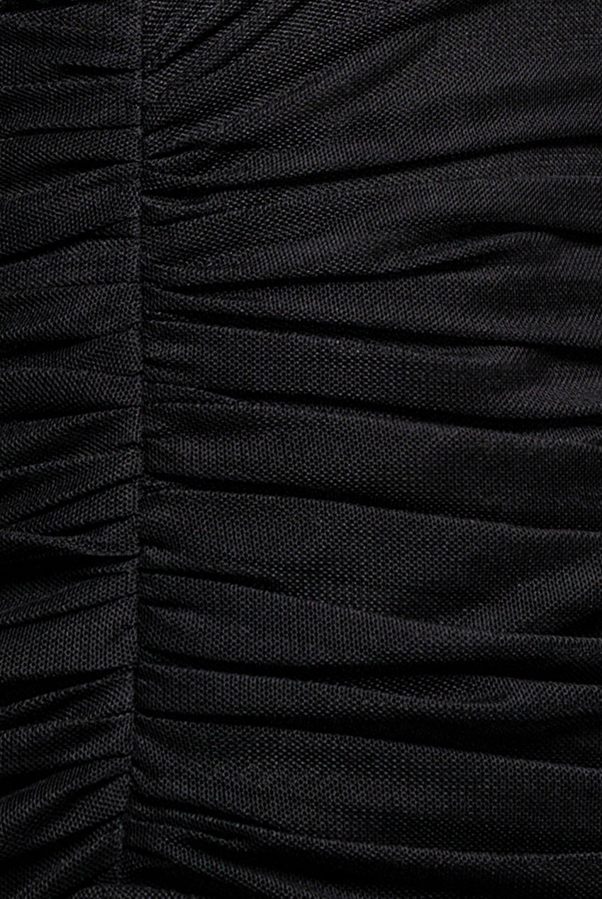 Goddiva Gathered Long Balloon Sleeve A-Line Mesh Maxi Dress - Black