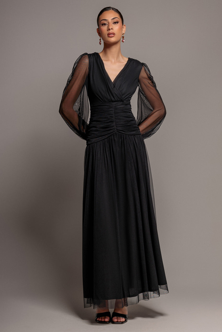 Goddiva Gathered Long Balloon Sleeve A-Line Mesh Maxi Dress - Black