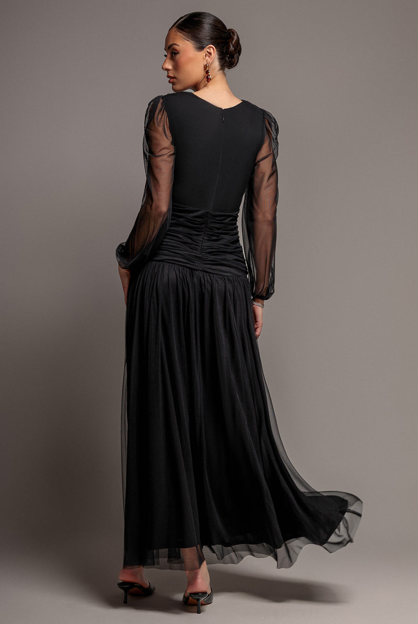 Goddiva Gathered Long Balloon Sleeve A-Line Mesh Maxi Dress - Black