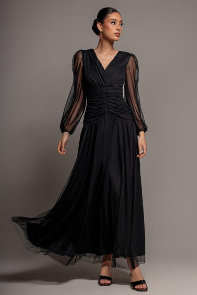 Black - Goddiva Gathered Long Balloon Sleeve A-Line Mesh Maxi Dress - Black