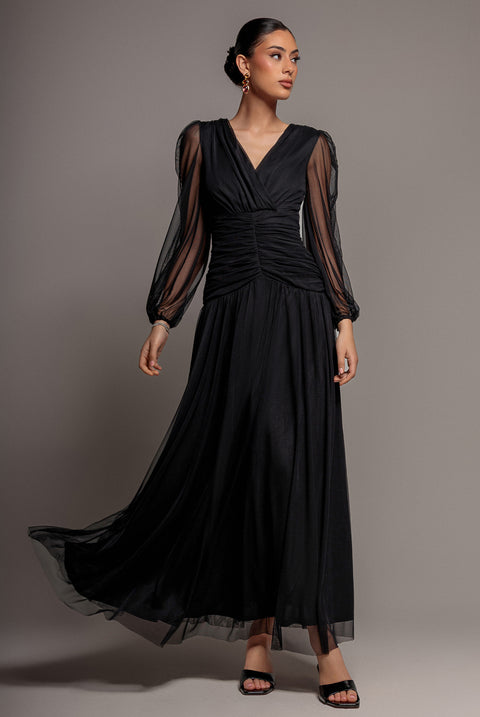 Goddiva Gathered Long Balloon Sleeve A-Line Mesh Maxi Dress - Black