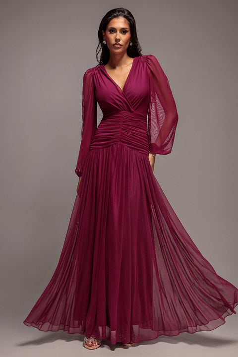 Goddiva Gathered Long Balloon Sleeve A-Line Mesh Maxi Dress - Magenta