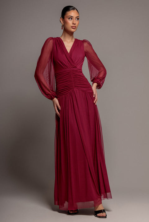 Goddiva Gathered Balloon Sleeve Mesh Maxi Dress - Magenta