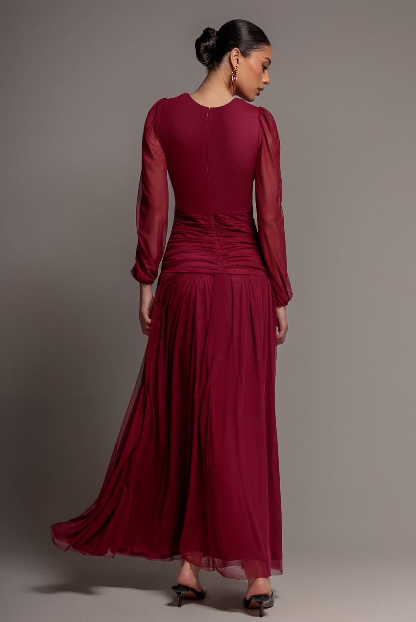Goddiva Gathered Balloon Sleeve Mesh Maxi Dress - Magenta