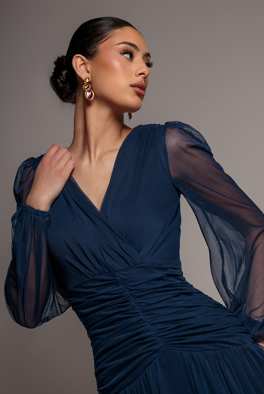 Goddiva Gathered Long Balloon Sleeve A-Line Mesh Maxi Dress - Navy Blue
