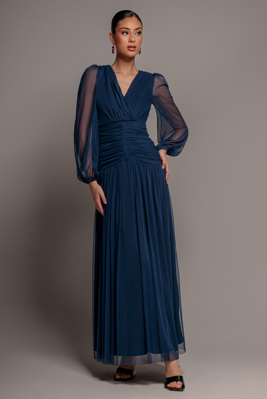 Goddiva Gathered Long Balloon Sleeve A-Line Mesh Maxi Dress - Navy Blue