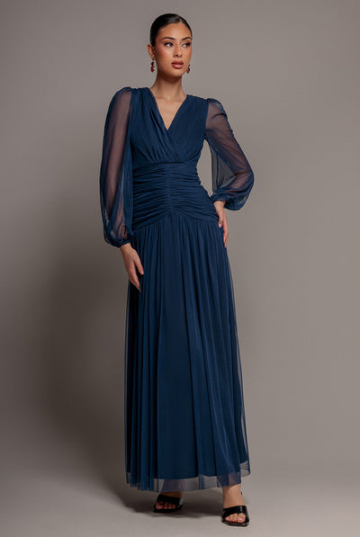Navy - Goddiva Gathered Long Balloon Sleeve A-Line Mesh Maxi Dress - Navy Blue