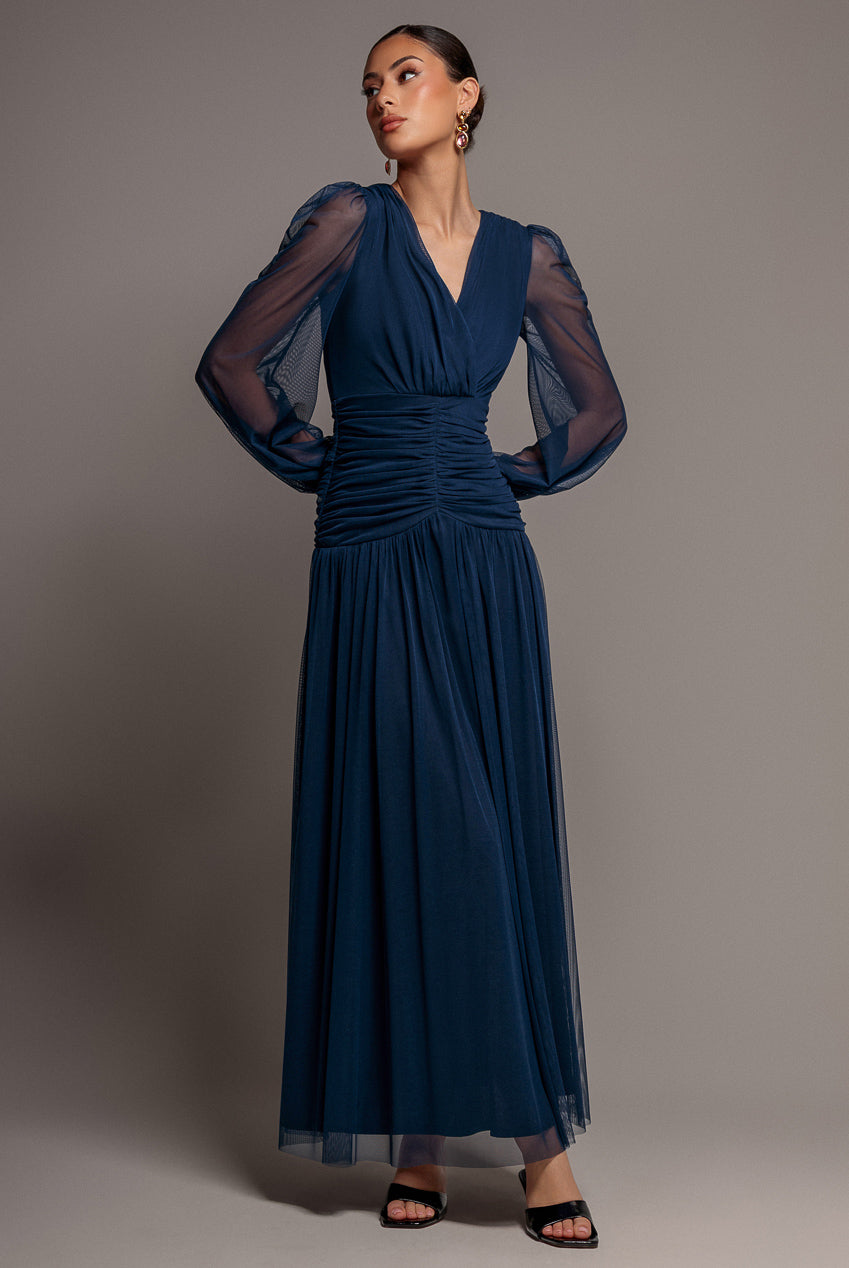 Goddiva Gathered Long Balloon Sleeve A-Line Mesh Maxi Dress - Navy Blue