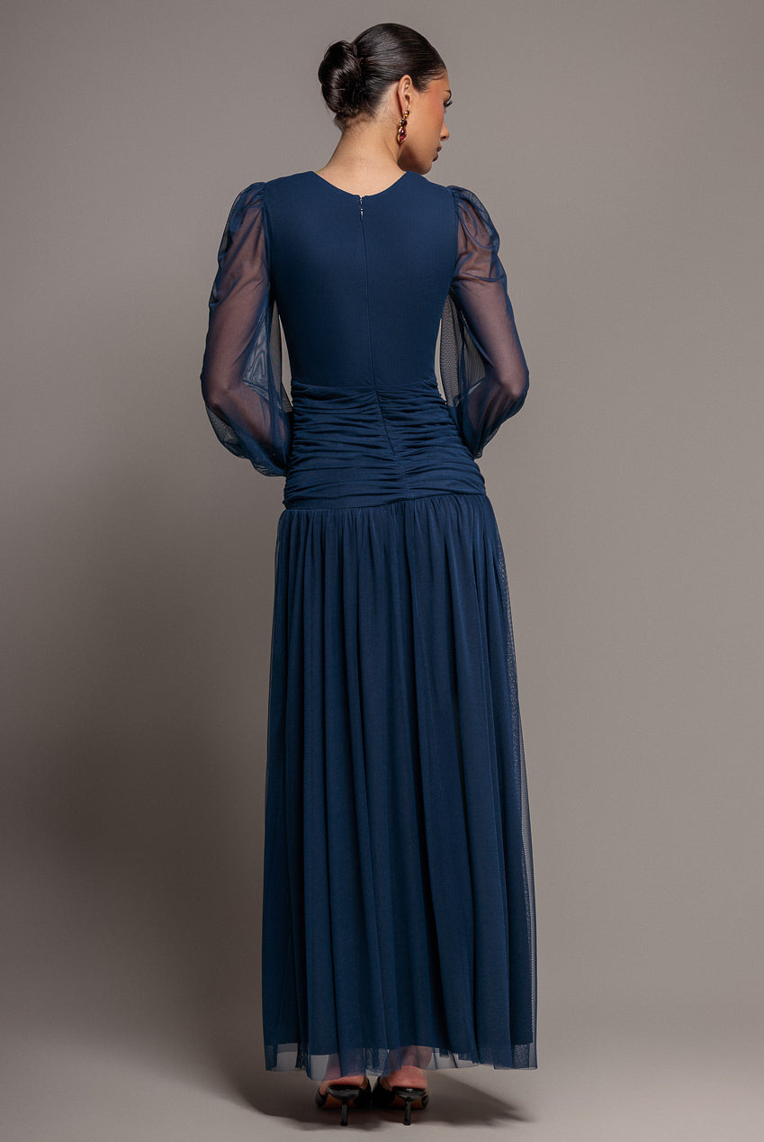 Goddiva Gathered Long Balloon Sleeve A-Line Mesh Maxi Dress - Navy Blue