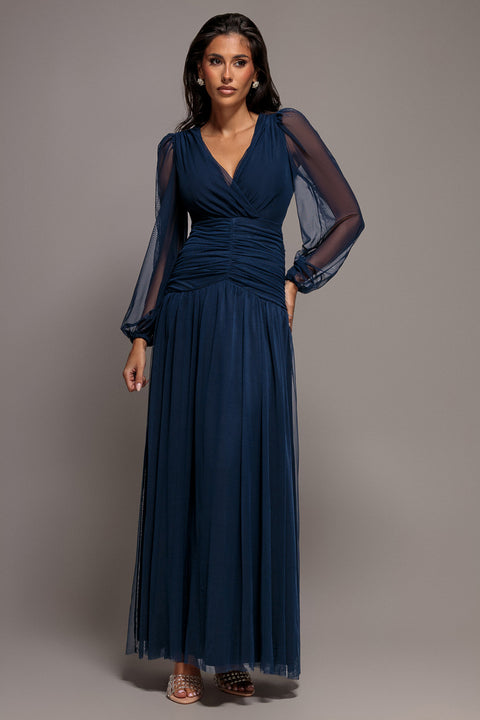 Goddiva Gathered Long Balloon Sleeve A-Line Mesh Maxi Dress - Navy Blue