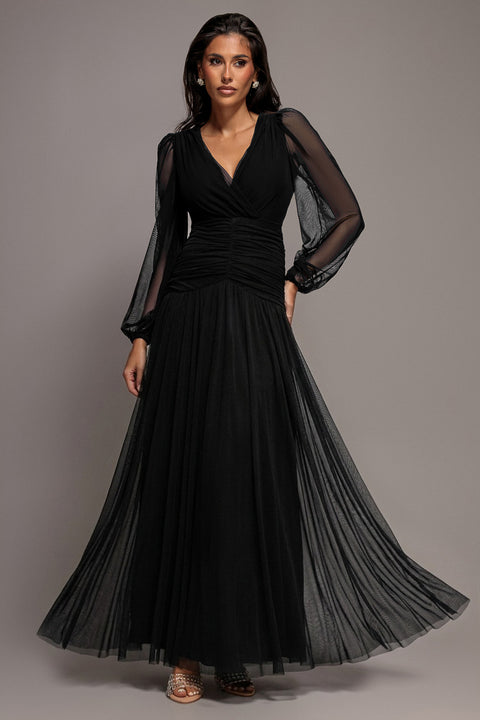 Goddiva Gathered Long Balloon Sleeve A-Line Mesh Maxi Dress - Black