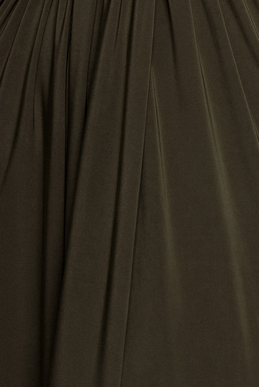 Goddiva Gathered Shoulder Wrap Neck Draped Waist Maxi Dress - Khaki