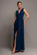 Goddiva Gathered Shoulder Wrap Neck Draped Waist Maxi Dress - Navy Blue