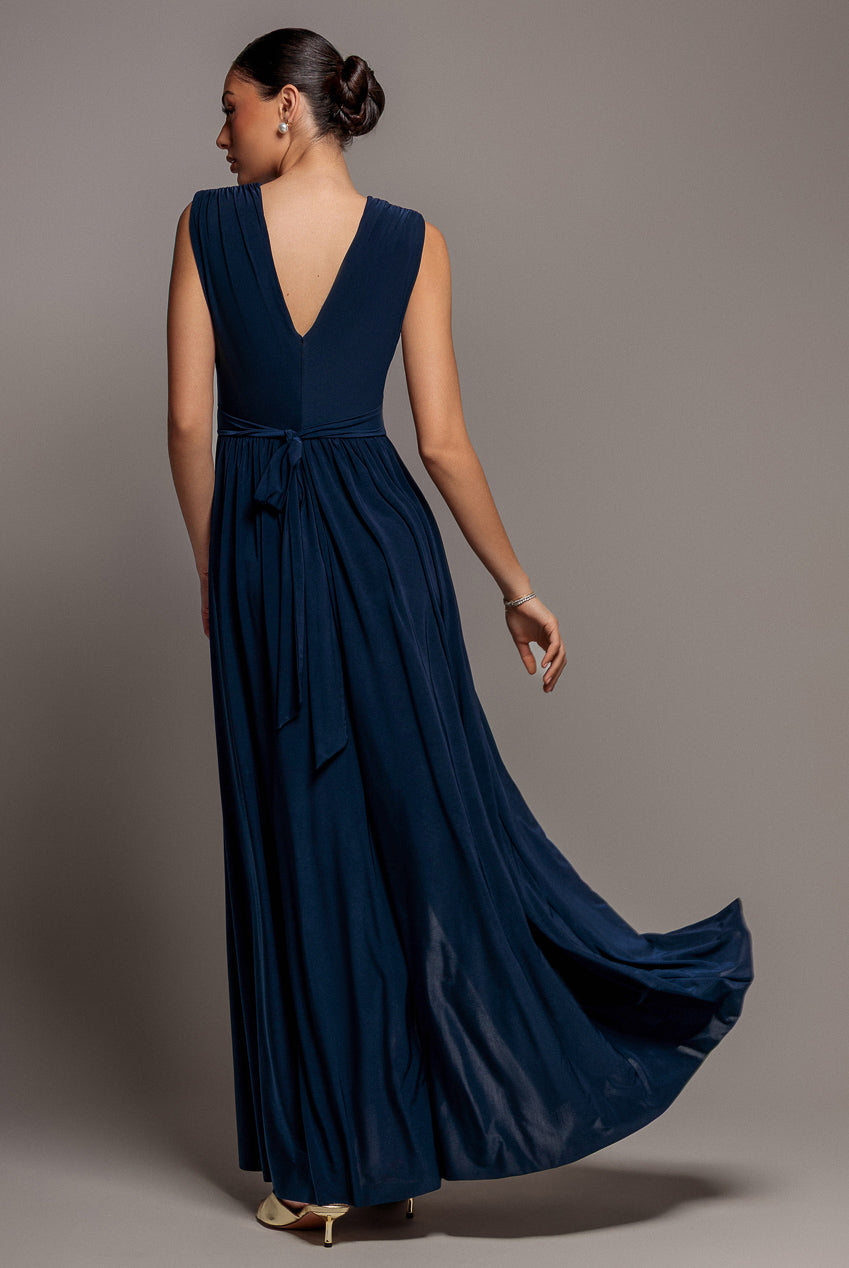 Goddiva Gathered Shoulder Wrap Neck Draped Waist Maxi Dress - Navy Blue