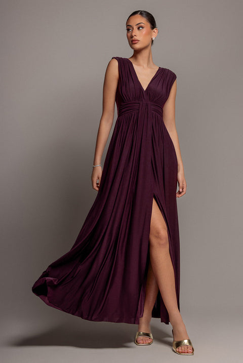 Goddiva Gathered Shoulder Wrap Neck Draped Waist Maxi Dress - Burgundy