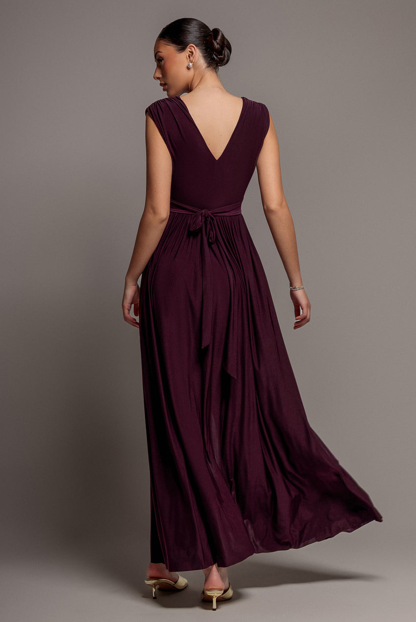 Goddiva Gathered Shoulder Wrap Neck Draped Waist Maxi Dress - Burgundy Burgundy / 14 Goddiva Gathered Shoulder Wrap Neck Draped Waist Maxi Dress - Burgundy Burgundy / 14