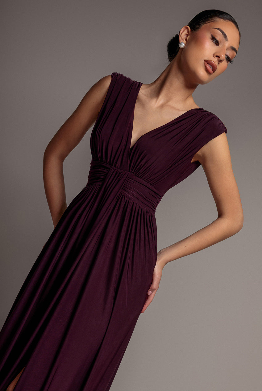 burgundy drape dress Goddiva Gathered Shoulder Wrap Neck Draped Waist Maxi Dress