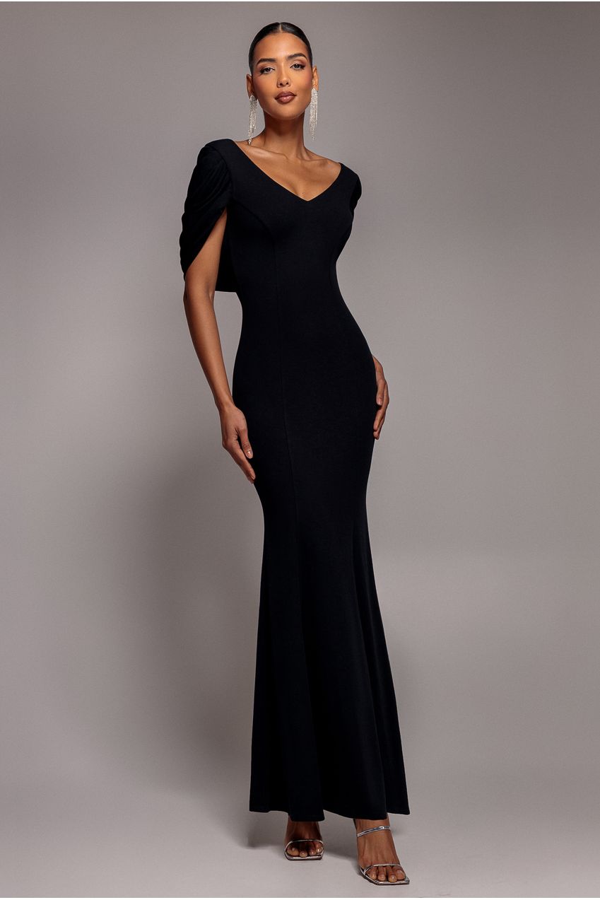 Goddiva V Neck Cowl Back Pleated Sleeve Scuba Maxi Dress - Black