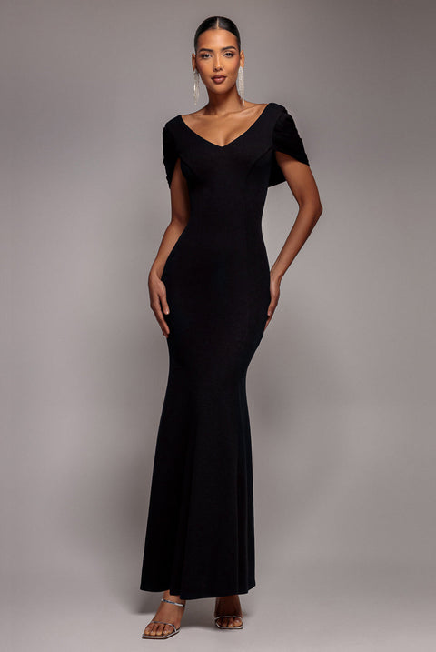 Goddiva V Neck Cowl Back Pleated Sleeve Scuba Maxi Dress - Black