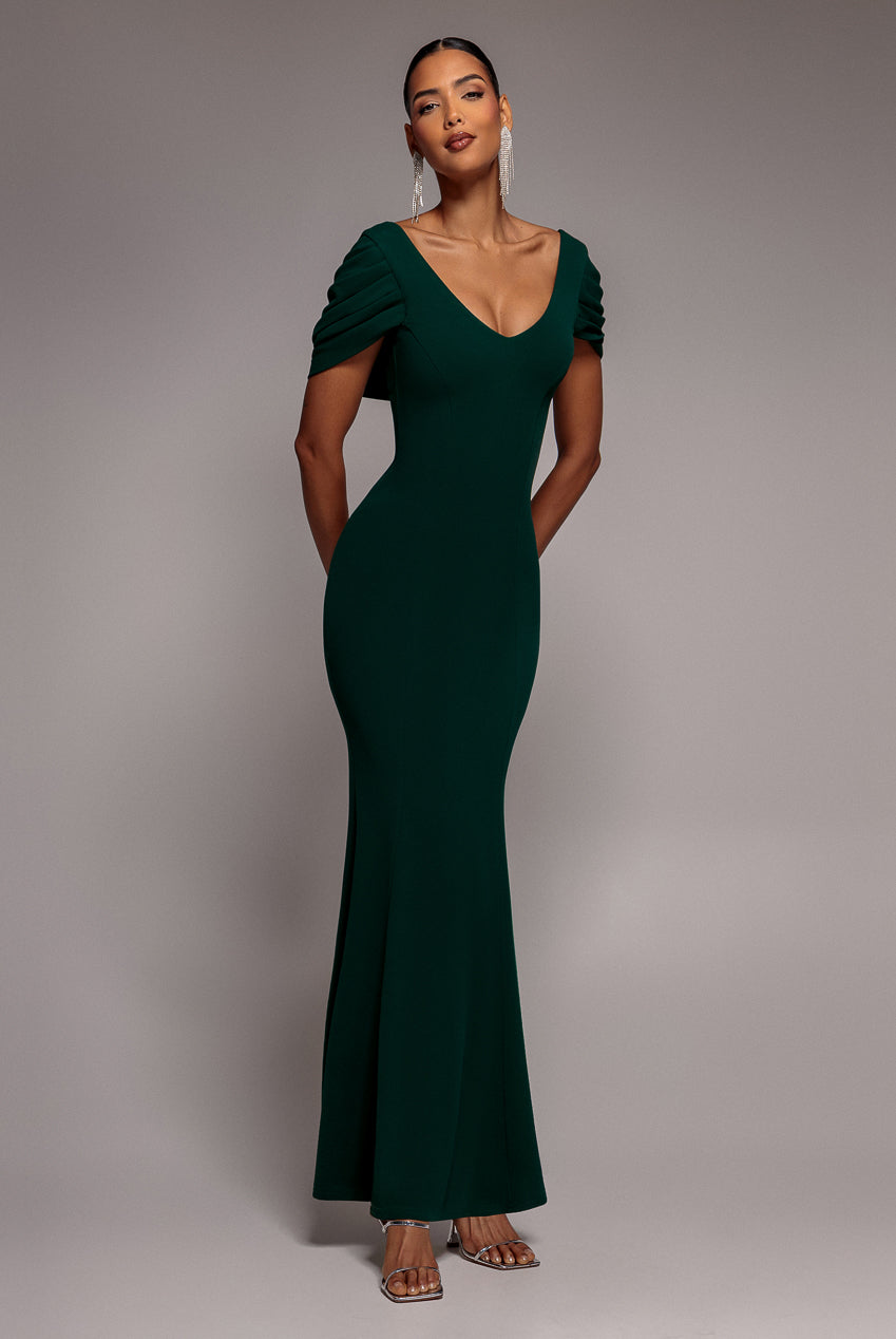 Goddiva V Neck Cowl Back Pleated Sleeve Scuba Maxi Dress - Emerald Green