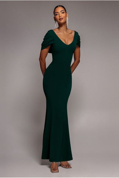EmeraldGreen - Goddiva V Neck Cowl Back Pleated Sleeve Scuba Maxi Dress - Emerald Green