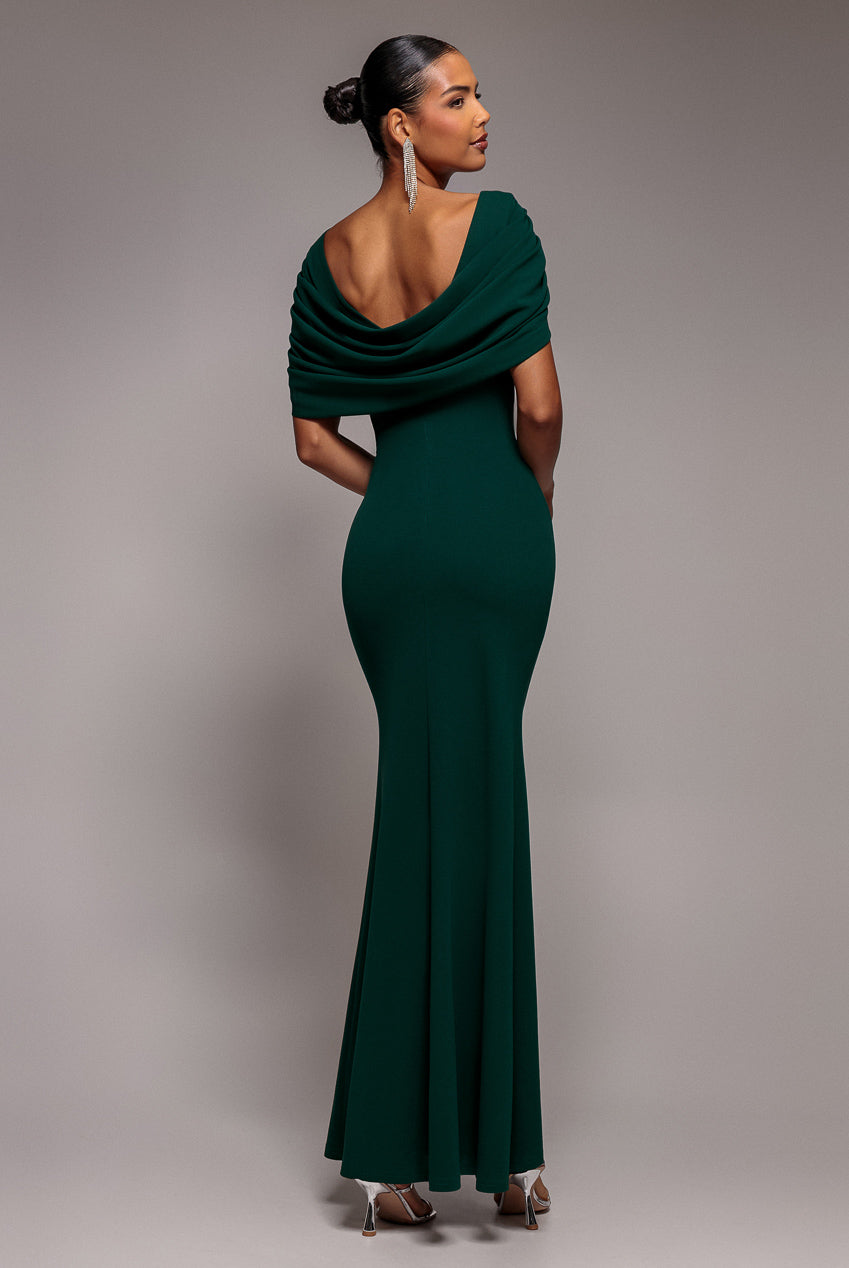 Goddiva V Neck Cowl Back Pleated Sleeve Scuba Maxi Dress - Emerald Green