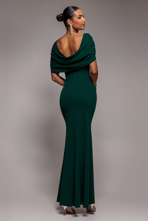 Goddiva V Neck Cowl Back Pleated Sleeve Scuba Maxi Dress - Emerald Green