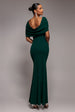 Goddiva V Neck Cowl Back Pleated Sleeve Scuba Maxi Dress - Emerald Green