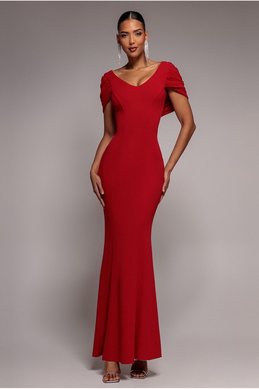 Goddiva V Neck Cowl Back Pleated Sleeve Scuba Maxi Dress - Red