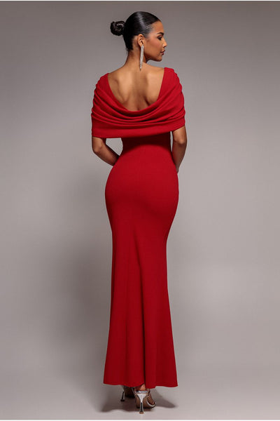 Red - Goddiva V Neck Cowl Back Pleated Sleeve Scuba Maxi Dress - Red